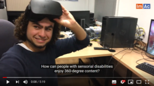 A clip from the YouTube video where a man is using the headset, smiling at the camera and the subtitles say "How can people with sensoria disabilities enjoy 360-degree content?".